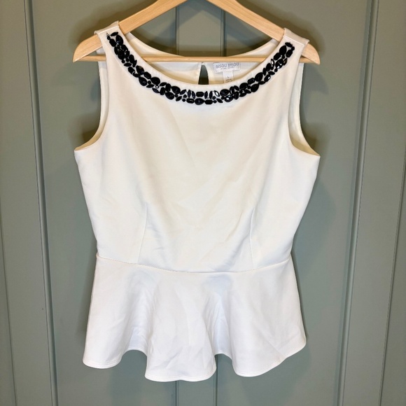 Bisou Bisou Ivory Beaded Peplum Top with Keyhole Back Size Large Keyhold Back - Picture 1 of 7